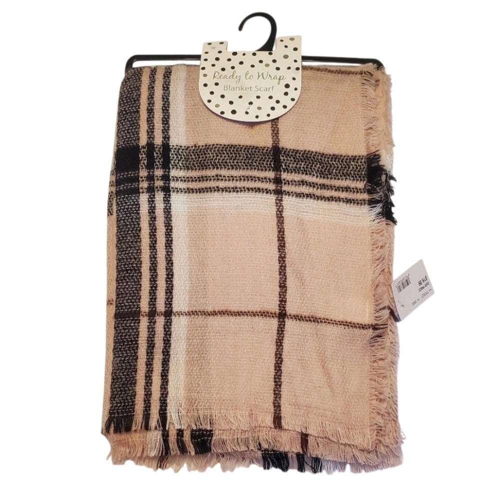 Scarf Wrap Blanket Plaid Cream Black Light Pink Winter Fall Cozy NWT